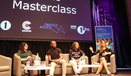 Creative Access Masterclass, 2016. Panelists included, from right to left: Neev Spencer (Kiss DJ), Jamz Supernova (Radio 1Xtra presenter), Austin Daboh (Music Manager at Radio 1Xtra) as well as Jagruti Dave (Producer at LBC).